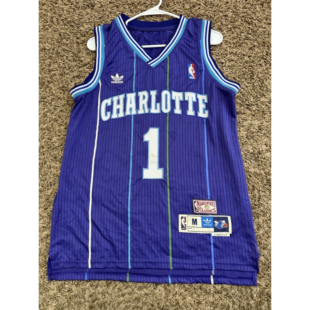 Muggsy Bogues Hornets Jersey Purple Adidas Striped Hardwood Classics Medium +2